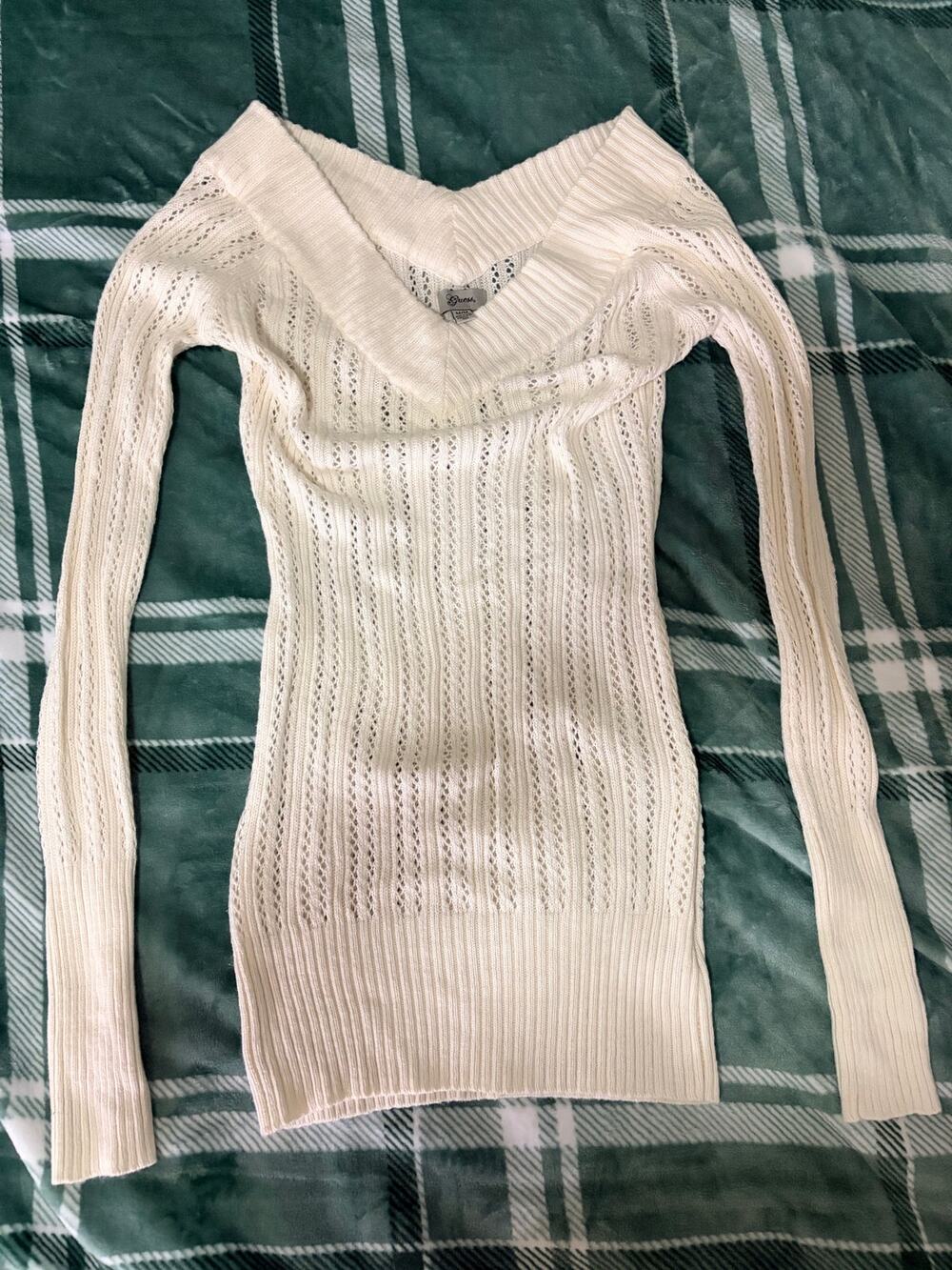 Vintage Y2K Guess Off-the-Shoulder Pointelle Knit Sweater